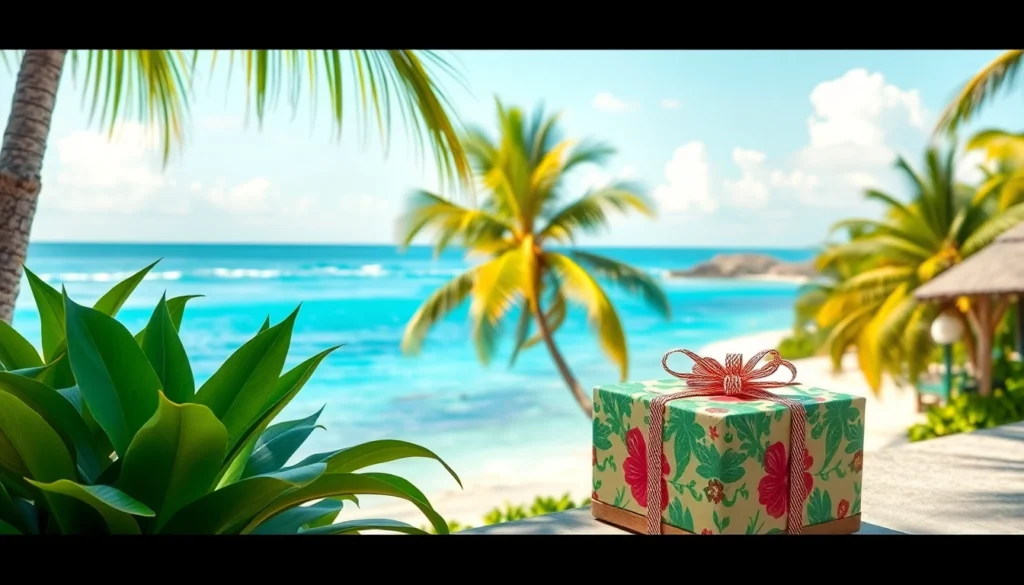 Beautiful package wrapped with tropical leaves near Lombok's pristine beach for travel or tourism promotions.