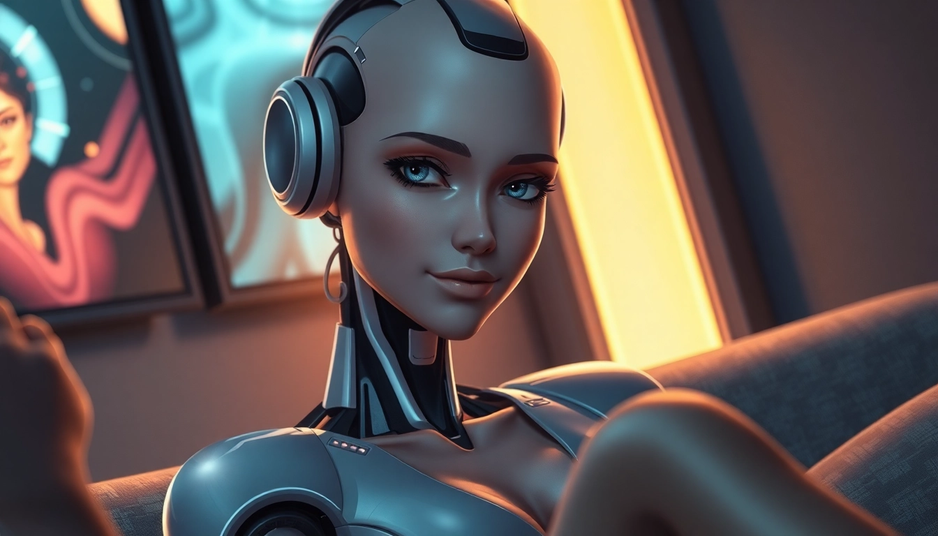 A futuristic AI character in a cozy room, illuminated by warm lighting, with a friendly expression and high-tech accents.