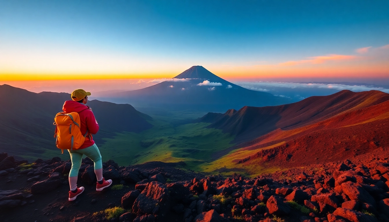 Hiker overlooking Mount Rinjani's crater at sunrise with vibrant colors and rugged terrain.