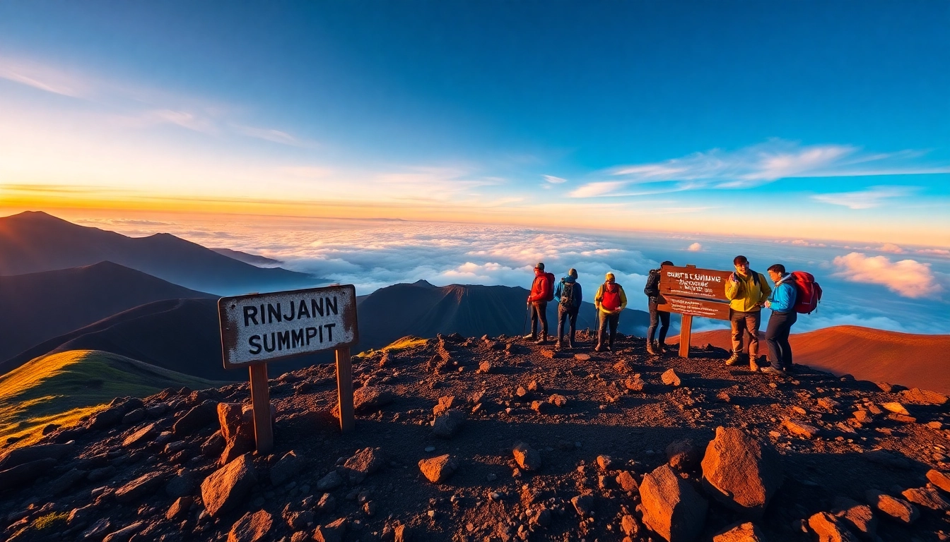 Hikers celebrating at Mount Rinjani summit during sunrise with volcanic landscape and vibrant colors.