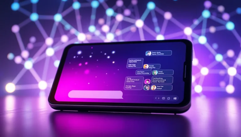 Futuristic AI chatbot interface with customizable characters and digital network background