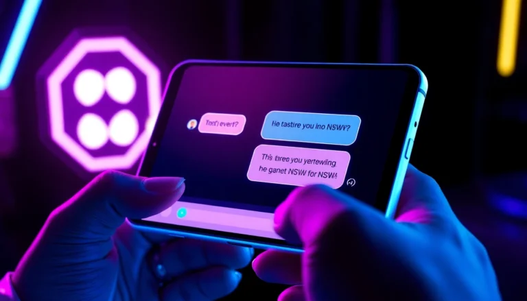 Close-up of a futuristic device screen showing AI chat interface with NSFW conversation elements.