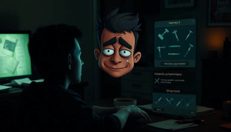 A distressing scene of a character clicking on Harvey, a cheerful but suffering figure, in a dark room with violent upgrade options visible.