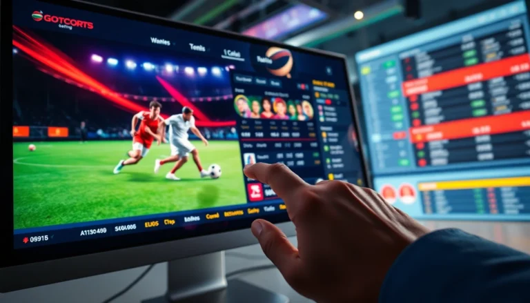An online sports betting platform with colorful sports graphics and live betting options on a computer screen.