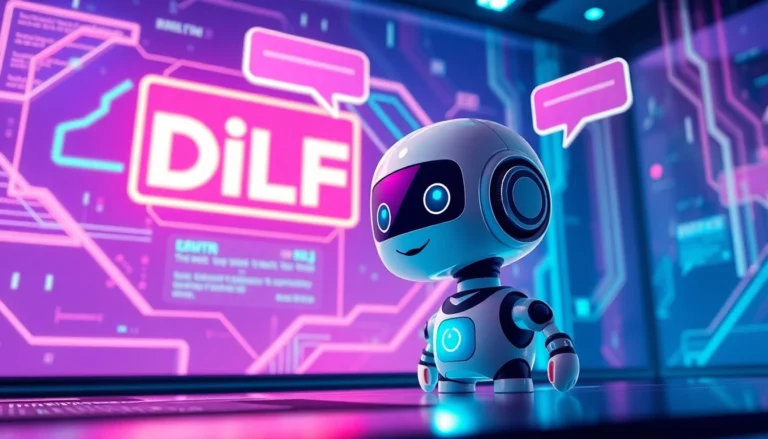 Futuristic AI character engaging with holographic interface in a neon-lit high-tech environment.
