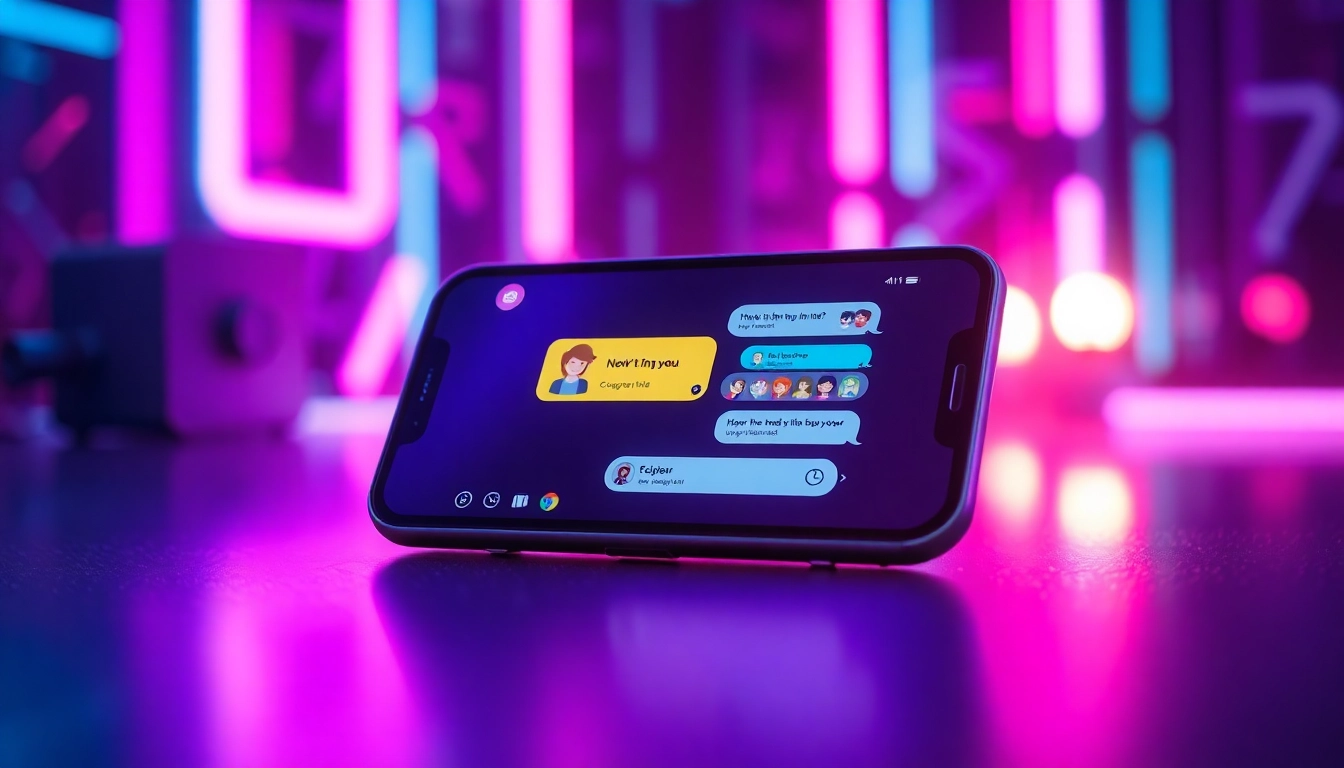 Close-up of a futuristic device screen displaying an AI chatbot conversation with colorful avatars and neon accents, in a tech-inspired environment.