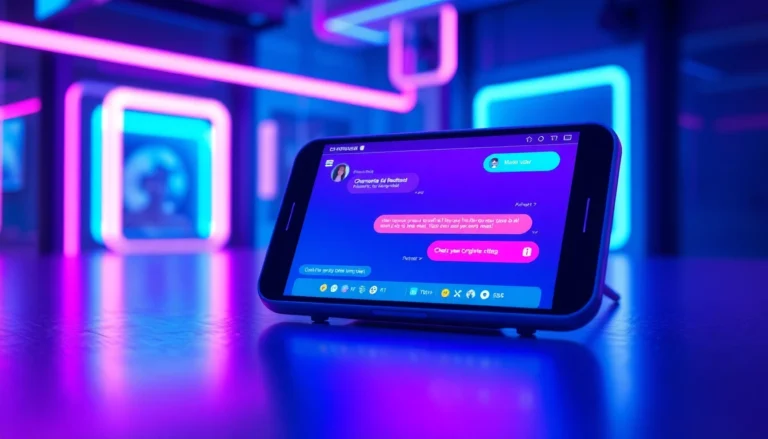 Futuristic chat interface on a modern device with neon accents and engaging conversation