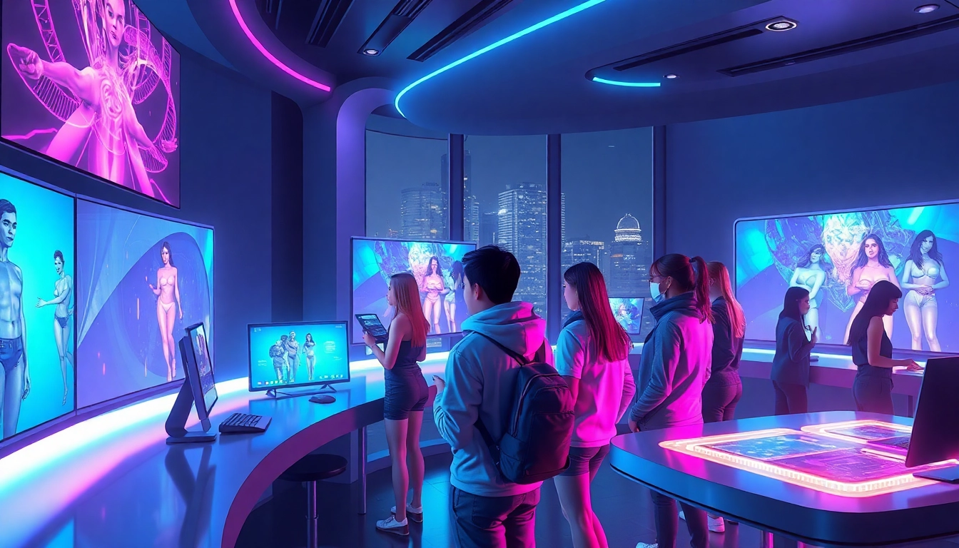 An advanced AI studio with holographic screens displaying adult visuals, neon lighting, and digital artists working on NSFW content creation.