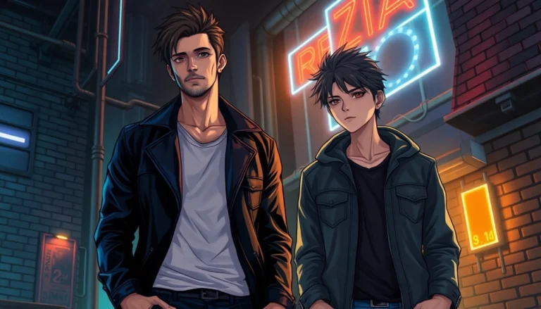 An intense scene depicting an alpha and omega in a moody urban setting with neon lighting and textured backgrounds.