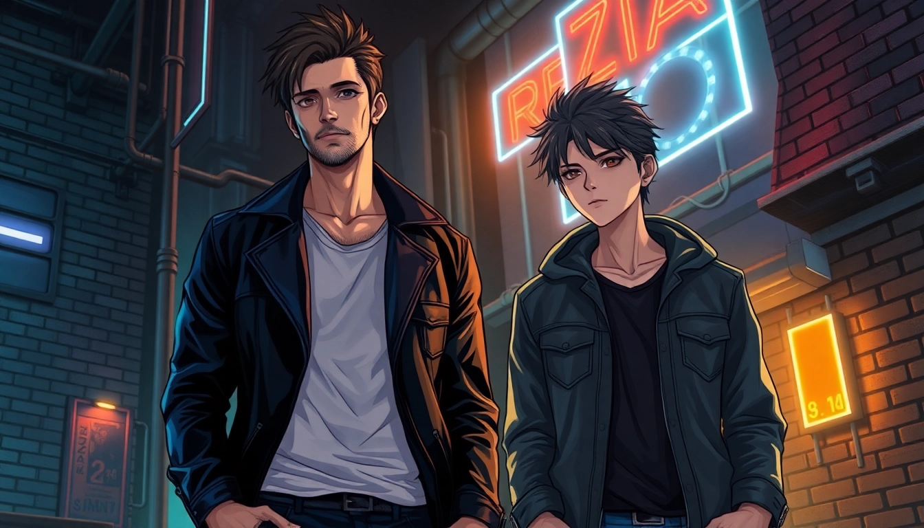 An intense scene depicting an alpha and omega in a moody urban setting with neon lighting and textured backgrounds.