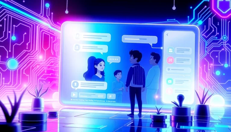 Futuristic digital chat interface with AI characters engaging in conversation, glowing neon accents, and high-tech background