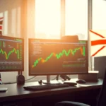 UK Stock Market News updates displayed on digital screens with financial charts and UK flags,