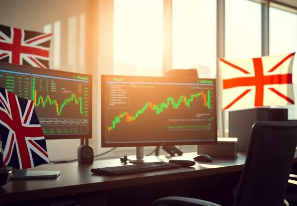 UK Stock Market News updates displayed on digital screens with financial charts and UK flags,