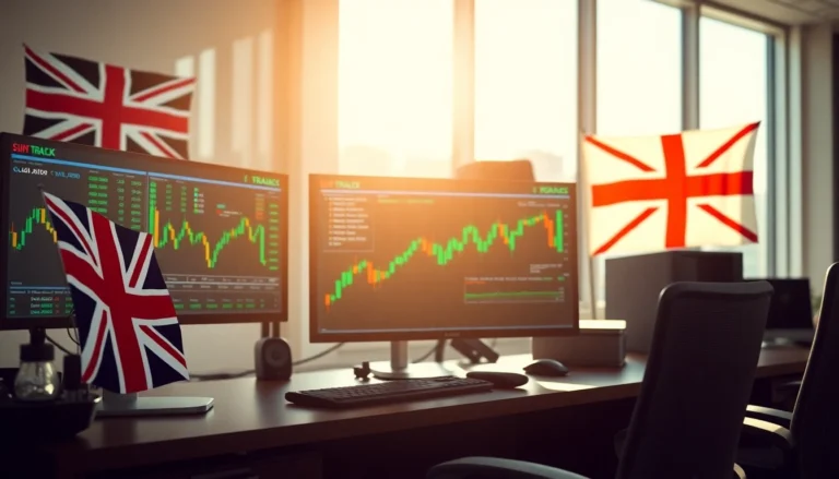 UK Stock Market News updates displayed on digital screens with financial charts and UK flags,