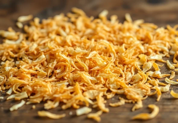 High-quality dehydrated toasted onion flakes in a jar, emphasizing their crispy texture and